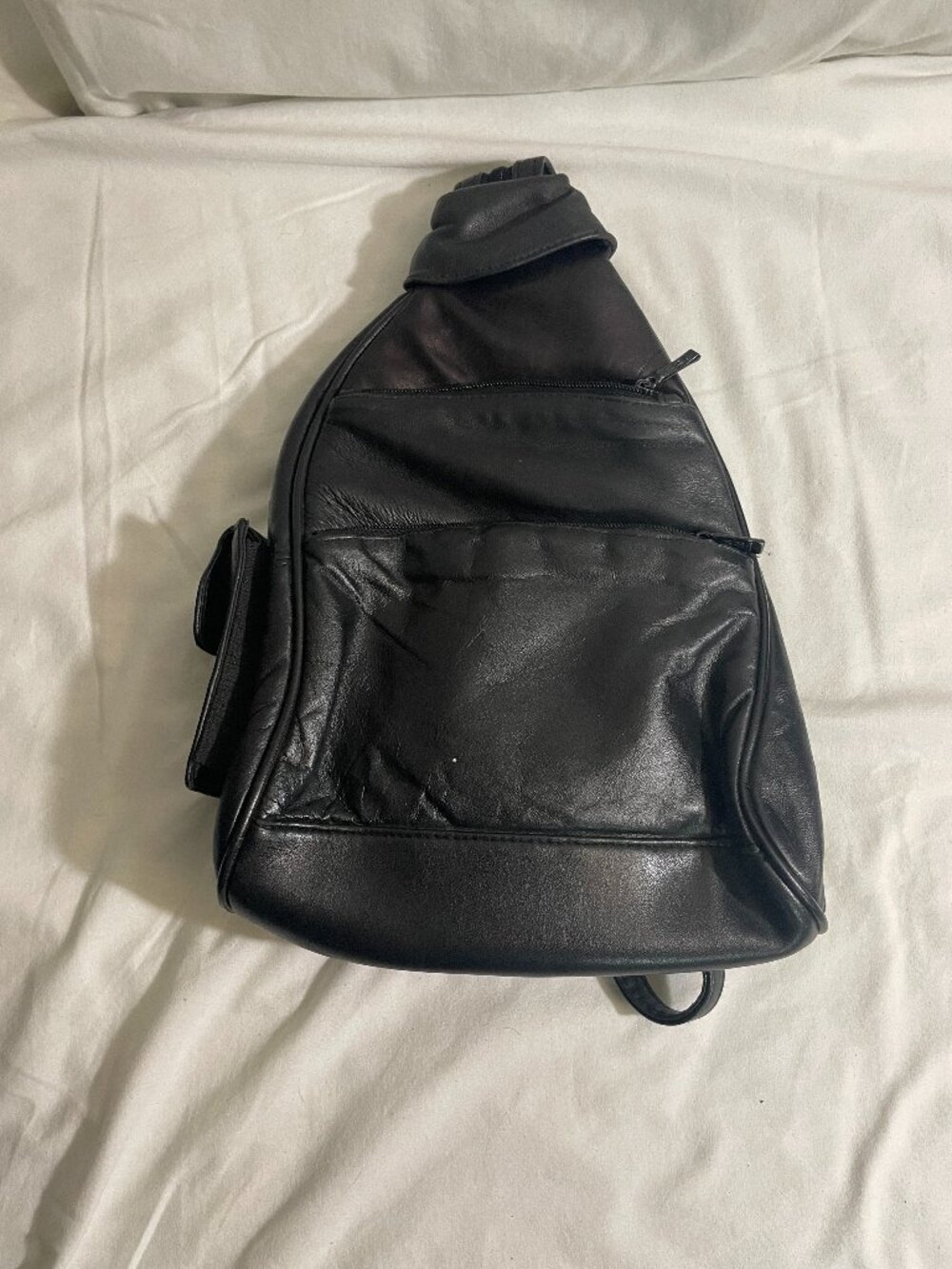 Vintage Black Leather Sling Backpack Crossbody Bag Multi Pocket Adjustable Strap